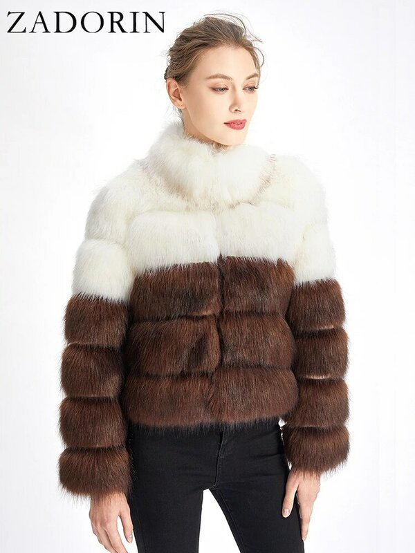 ZADORIN 여성용 모피 재킷 코트, 2023 스탠드 칼라, 대비 색상, 따뜻한 푹신한 인조 여우 모피 코트, 새로운 디자이너 겨울 코트
