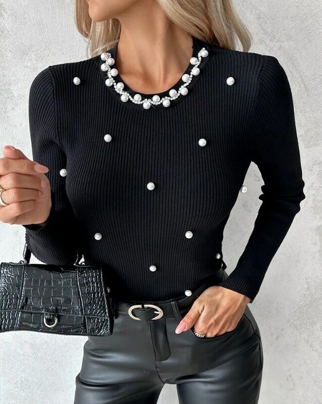 Sweater rajut wanita, Sweater rajut lengan panjang manik-manik leher O untuk pemakaian hangat dan elegan musim gugur/musim dingin 2023