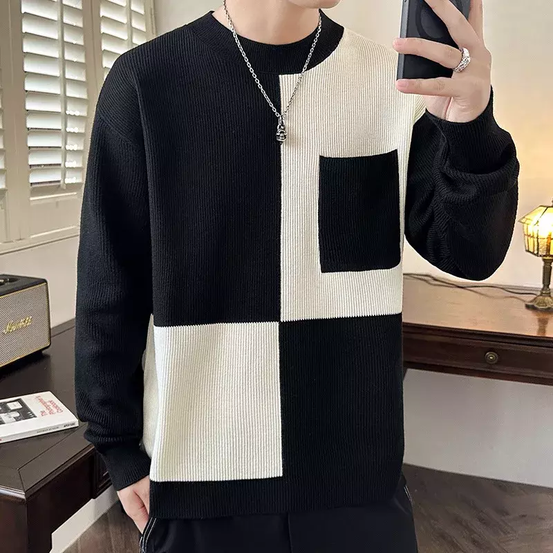 2023 Men's New Loose Leisure All-Matching Sweater Teenagers Color Matching Sweater