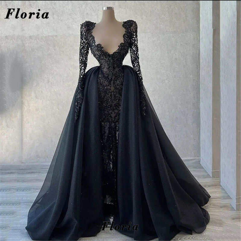 Floral preto mangas compridas vestidos de celebridade dubai couture renda frisado concurso vestido de baile para casamentos luxo vestidos de festa longa