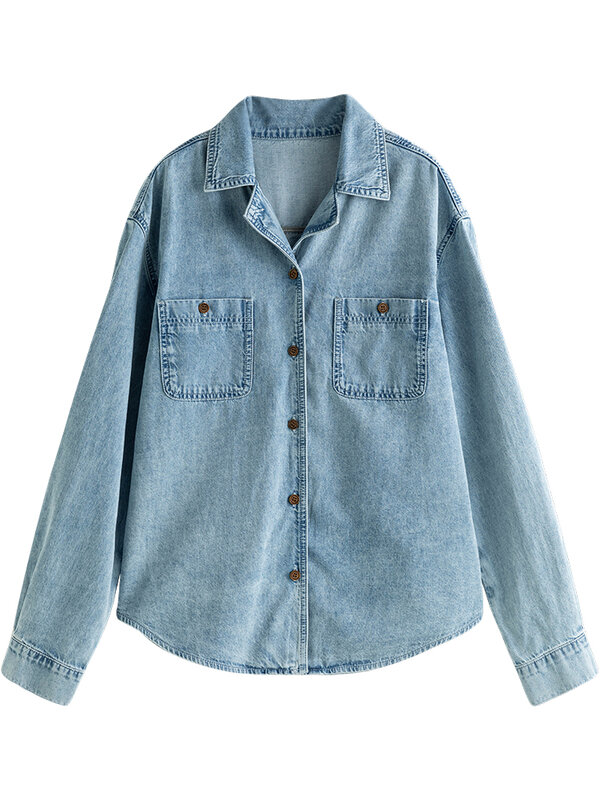 FSLE 100% Cotton Vintage Denim Shirt Coat Women'S Spring Autumn 2023 New Loose Long-Sleeved Suit Collar Shirt For Women