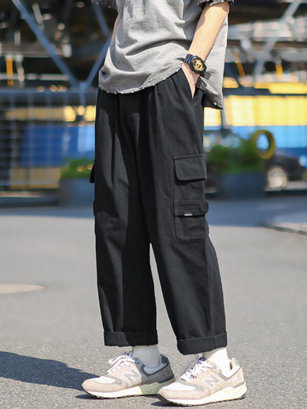 Брюки-карго мужские с карманами, повседневные красивые однотонные штаны в японском стиле, модная уличная одежда для отдыха, популярная модель, весна-осень