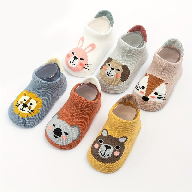Calcetines antideslizantes con pegamento de puntos para niños y niñas, zapatos bonitos con patrón de animales de dibujos animados, calcetines de piso de moda para niños pequeños, 6 pares