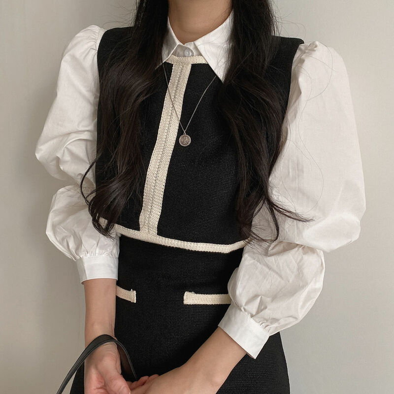 Saia curta Kawaii vintage combinando e camisa branca para mulheres, colete, conjunto de 2 peças