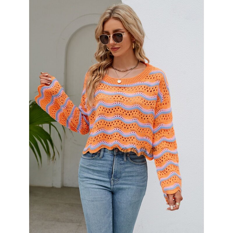 Spring Autumn 's Fashion Long Sleeve Blouse round Neck European and American New Knitted Striped Sweater for Women