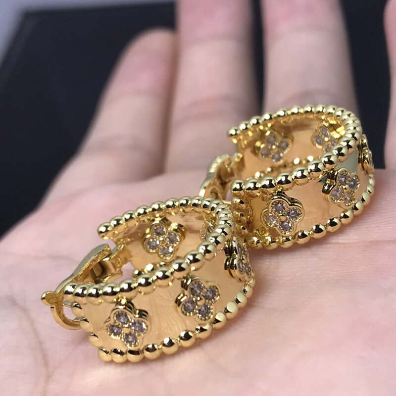 Modische Ring diamanten mit Glücks gras ohrringen für Frauen Roségold Charme Luxus schmuck Party Marken zubehör