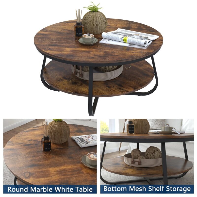 Meja kopi bulat, dengan penyimpanan terbuka, meja aksen pedesaan Sofa kayu 38.5 "dengan kaki logam yang kokoh untuk ruang tamu