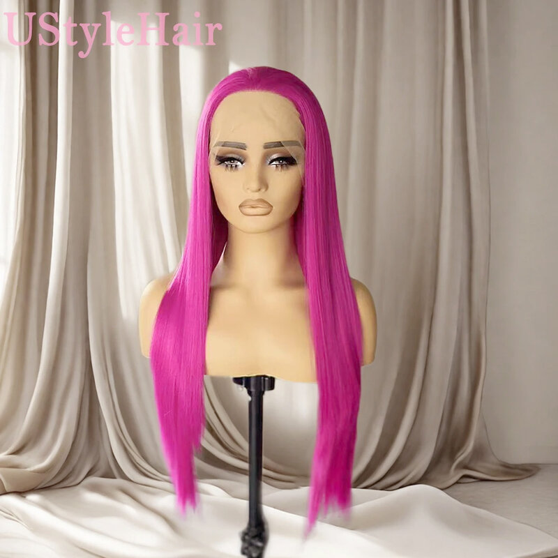 UStyleHair-peluca recta sedosa larga rosa para mujeres y niñas, cabello sintético resistente al calor, rayita Natural, uso diario, Cosplay