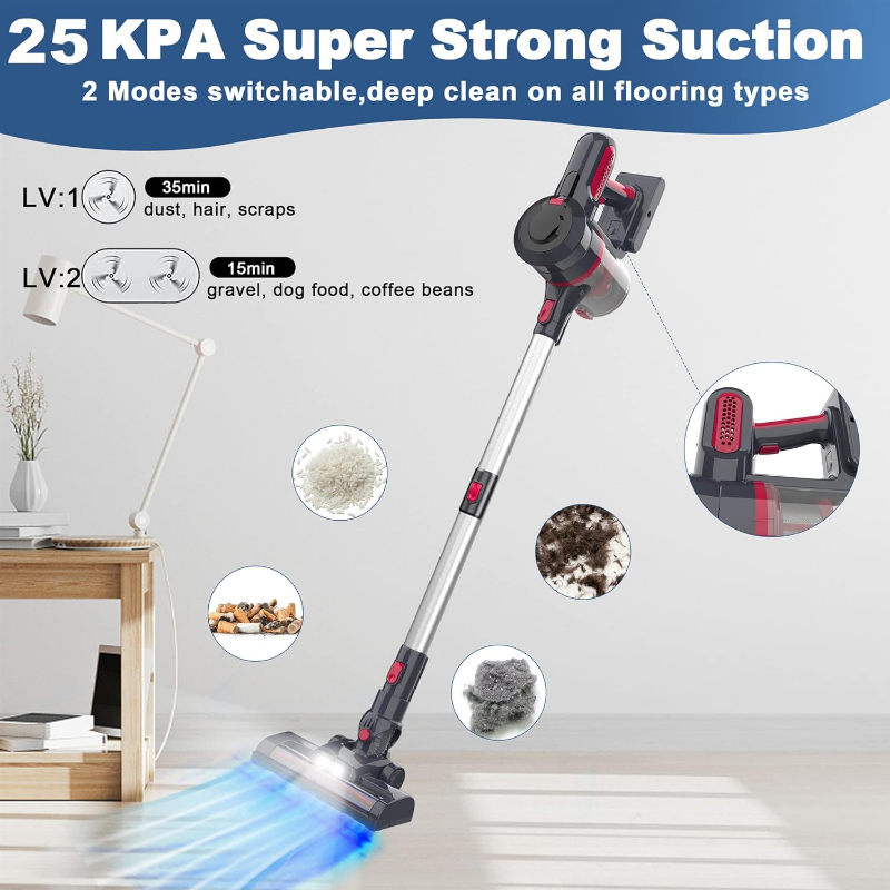 Cordless 25Kpa Powerful Suction Vacuum, 4 in 1 Lightweight Stick Handheld Vacuum Cleaner with Runtime Detachable Battery