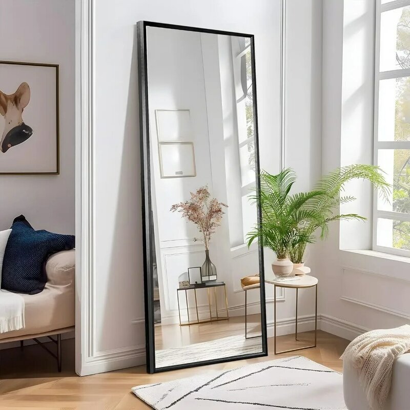 중립 전체 길이 거울, 수직 브래킷이 있는 플로어 스탠딩 거울, 드레싱 거울, 벽걸이 거울 (우아한 검정색)