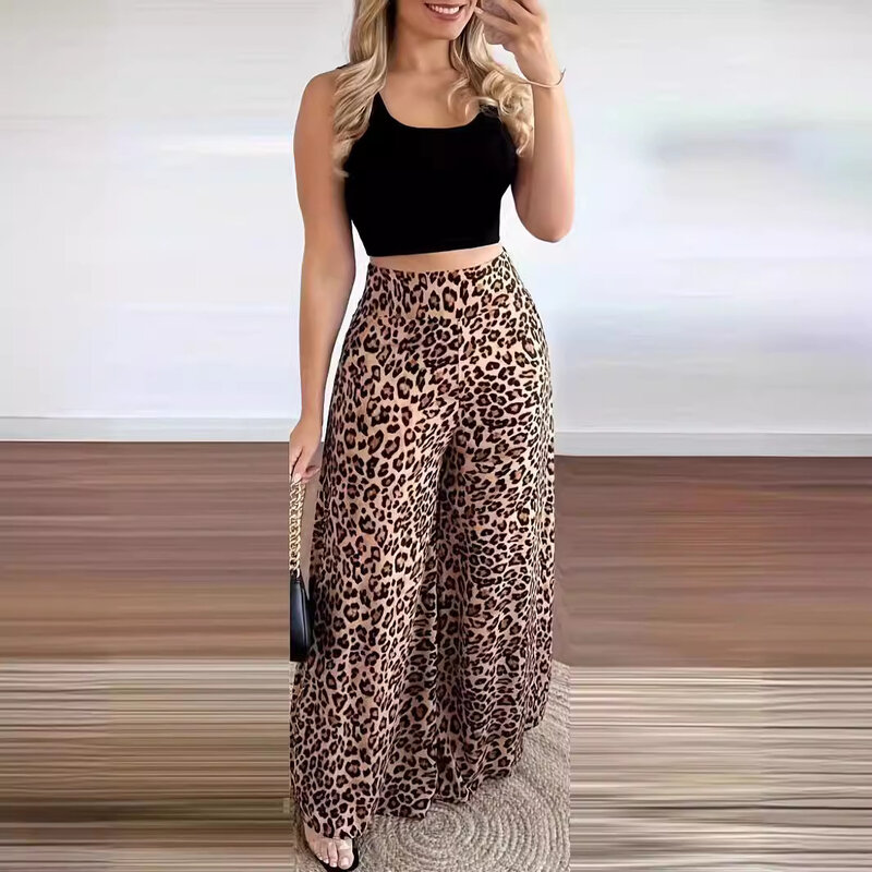 Colete curto sem mangas e calça larga feminina, estampa casual de leopardo, moda verão, conjunto de 2 peças