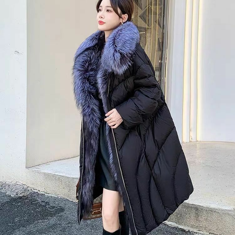 Real Natural Long Silver Fox Fur Collar Coat Winter Women Goose Down Jacket Fashion Female Puffer Jacket Streetwear Fox Fur Coat