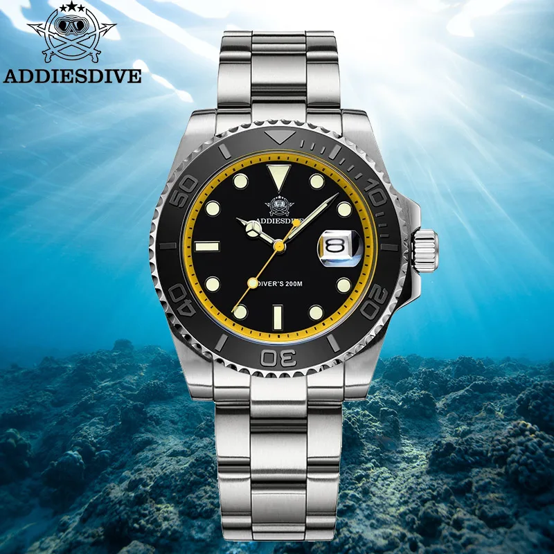 ADDIESDIVE Diving AD2040 Quartz Watches Stainless Steel 200m Waterproof Calendar Display Wristwatch Fashion Super Luminous Watch