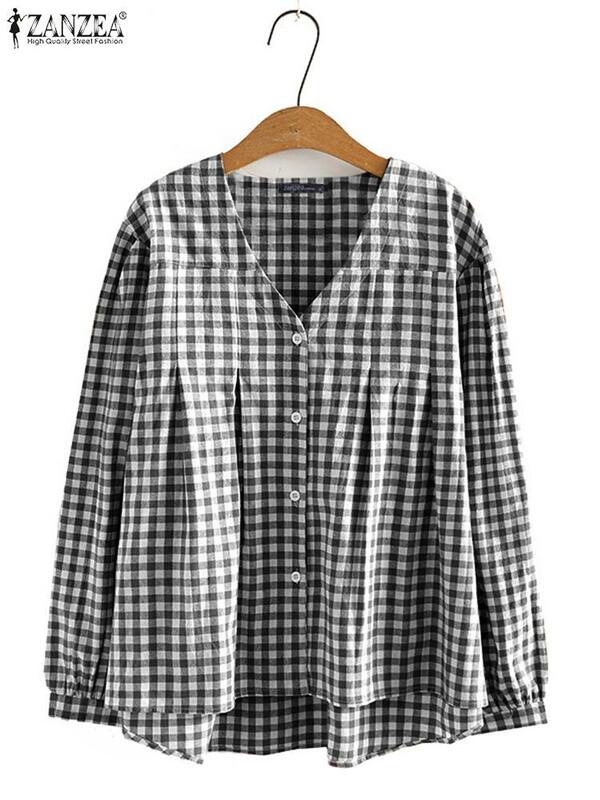 ZANZEA wiosna moda V dekolt z długim rękawem koszula Casual Vintage kratka sprawdzona bluzka damska wakacyjne topy kobiece guziki w dół bluzy