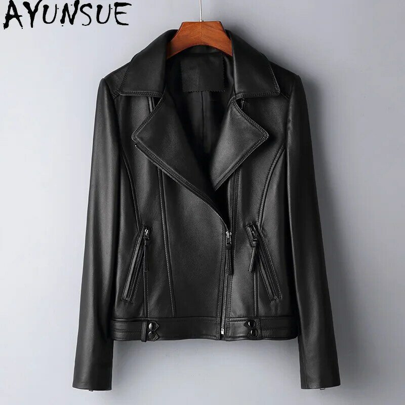 AYUNSUE-Jaqueta de couro de ovelha genuína para mulheres, jaqueta de motociclista justa, couro real, 2023