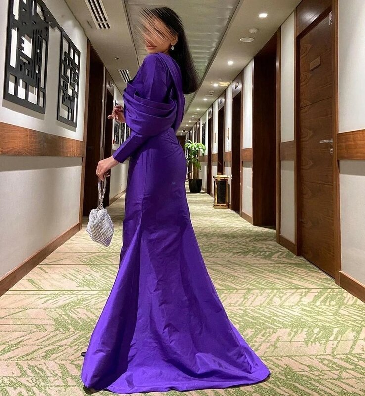Flora Dress elegante viola raso maniche lunghe o-collo volant a-line lunghezza del pavimento sirena Prom Dress abiti da sera 2023
