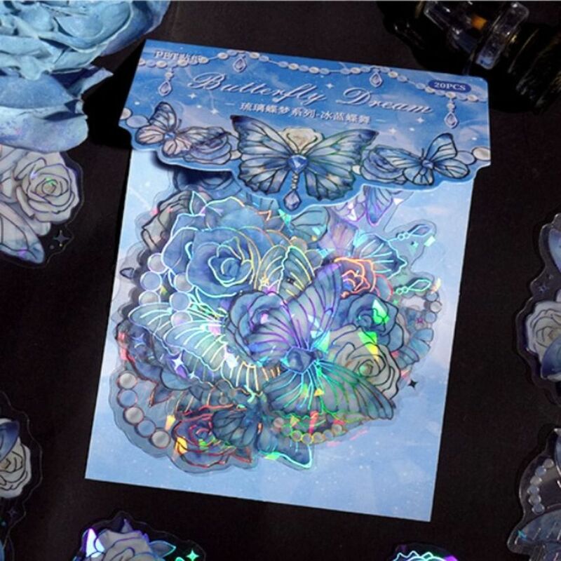 DIY 공예 장식용 나비의 꿈 스티커, 수제 얼음 크리스탈 콜라주 데칼, 반짝이는 블링 홀로그램 레이저 스티커