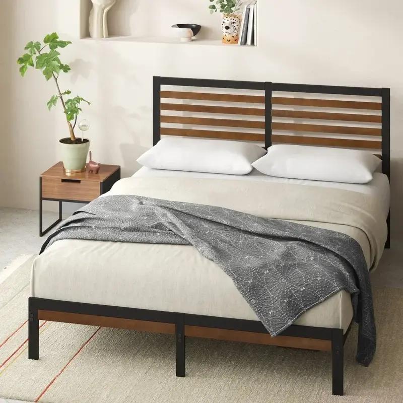Queen size Bed Frame, 35" Bamboo and Metal Platform Beds Frame, Brown Queen Bed Frame