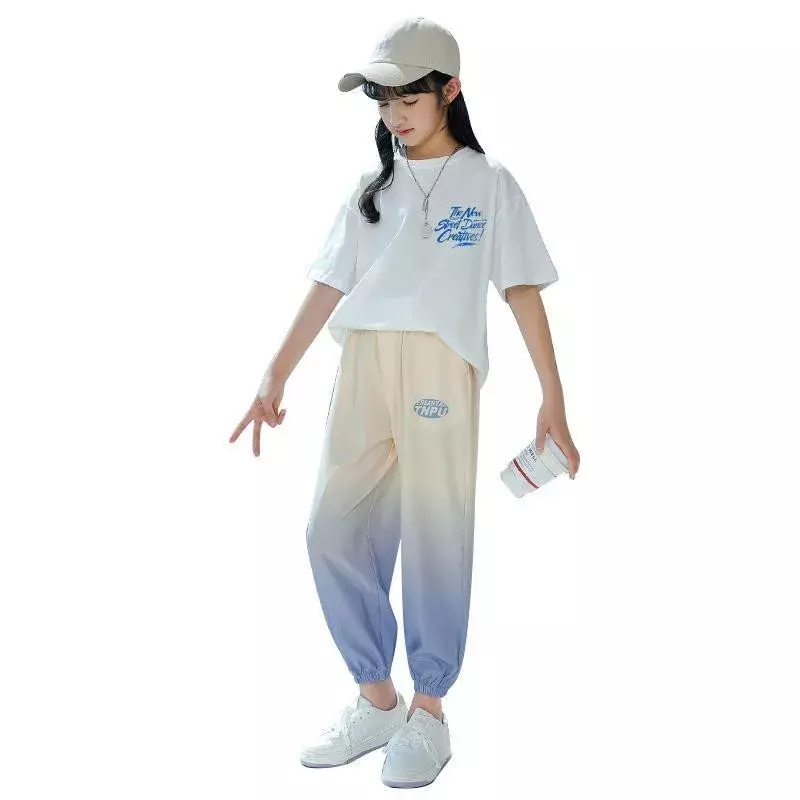 Girls Summer Trend Sports 2pcs Ice Silk T-shirts+Ninth Anti Mosquito Pants Suits 5-13 Years Girls Loungewear Oufits Kids Clothes