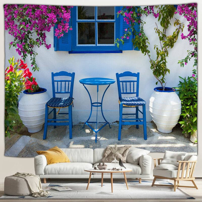 Cartaz exterior da paisagem do jardim, tapeçaria do vintage, Townscape mediterrâneo, tecido do poliéster, decoração do banheiro com ganchos