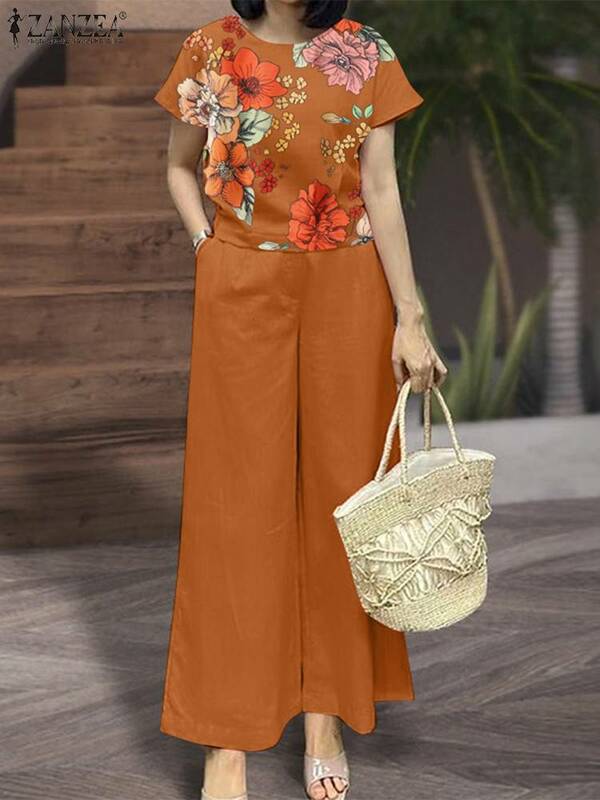 ZANZEA set pakaian kasual wanita, 2 potong pakaian kasual Liburan Musim Panas 2024 Bohemian motif bunga atasan celana kaki lebar