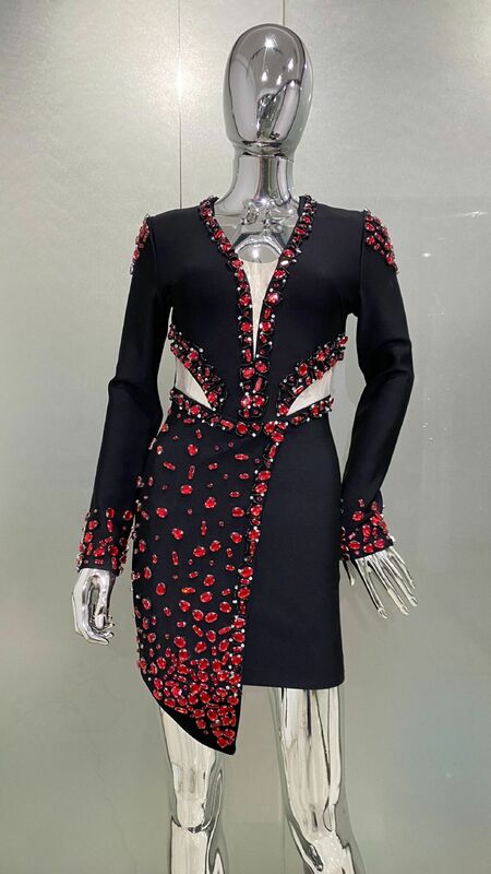 Formalna okazja sukienki Midi obcisła sukienka kryształowe zdobione metalicznie seksowna sukienka z długim rękawem sukienka koktajlowa sukienki imprezowe