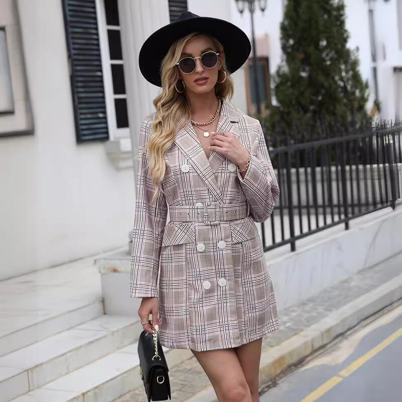 Autumn And Winter Women's Checkered Printed Lapel Suit Dress