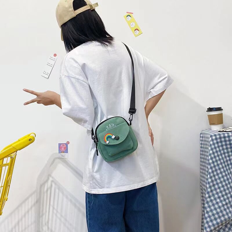 Tas selempang wanita, tas bahu tunggal wanita, warna Solid, tas tangan kasual, tas kanvas pelangi, tas selempang ritsleting