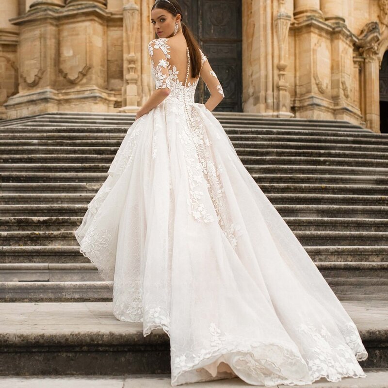 Luksusowe, przezroczyste suknie ślubne z okrągłym dekoltem w kształcie litery A z długim rękawem, warstwowe suknie ślubne o długości sukienka w stylu Boho de mariage