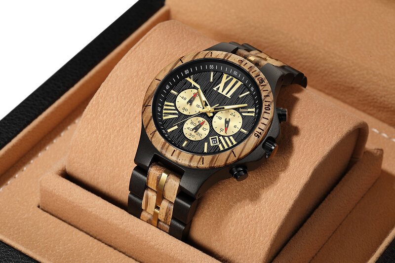 Natural Solid Wood Watch for Men Chronograph Multifunctional Brown Black Quartz Watches Ebony Wooden Band Male Wristwatch Clock