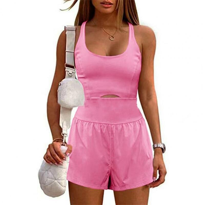 Women Sports Rompers U Neck Sleeveless Hollow Out Pleated Shorts Slim Fit Cross Back Quick Dry Jogging Rompers Lady Yoga Rompers