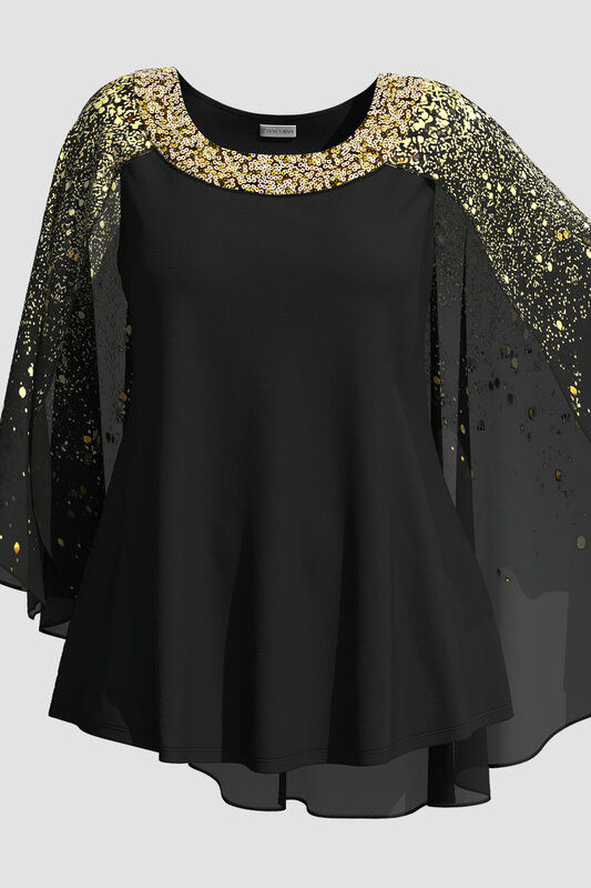 フライポッチャリ-ブラックシフォンブラウス、プラスサイズのドレス、きらめくスパンコール、ブロンズプリント、ケープスリーブ