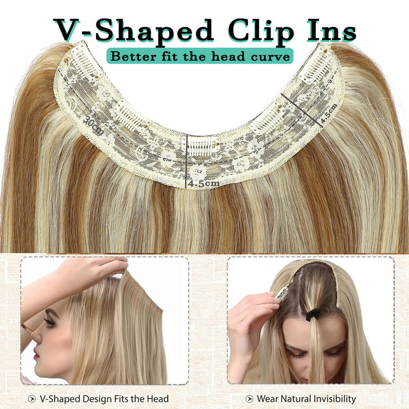 Extensões de cabelo em forma de V, Cabelo humano, Cabelo natural, Cabeça cheia, 1 pc, 5 clipes, 120g, 14-28in