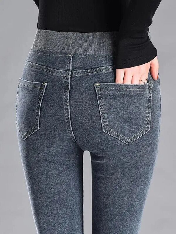 Jeans magros de lã de cordeiro, calça lápis, jeans veludo, cintura alta, grossa, quente, básico, 80kg, inverno