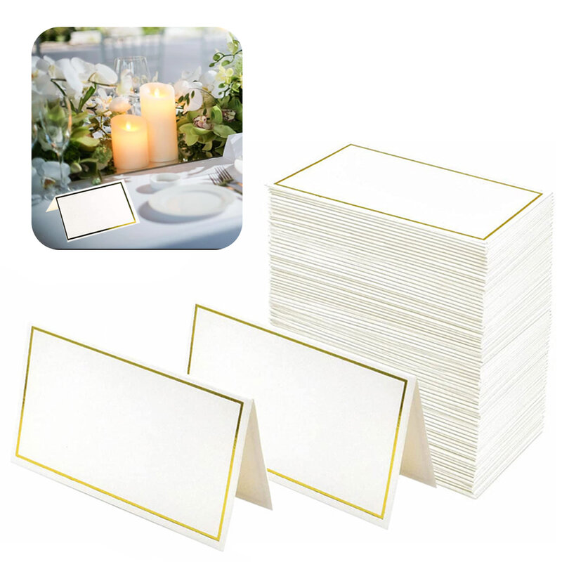 Tarjetas de lugar con borde de papel de aluminio, tarjetas de nombre de tienda en blanco, 4X3,3 pulgadas, mesa pequeña, tarjetas de tienda para asientos, 50 piezas