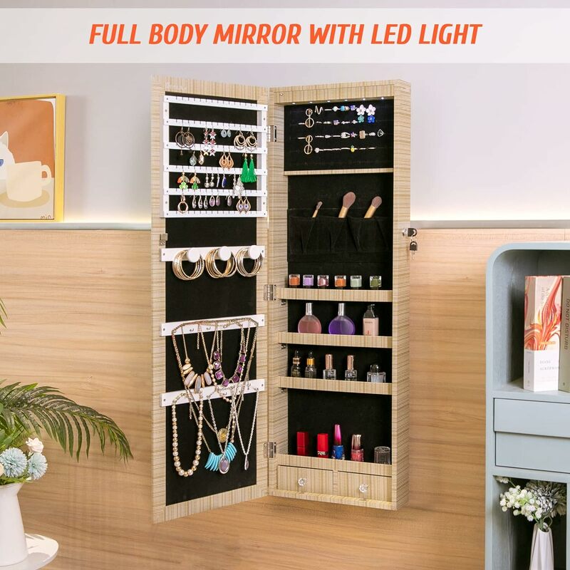 خزانة مجوهرات بمرآة مع 6 أضواء ليد مطورة ، صندوق مجوهرات مثبت على الحائط والأبواب ، منظم دولاب ، مواد جديدة