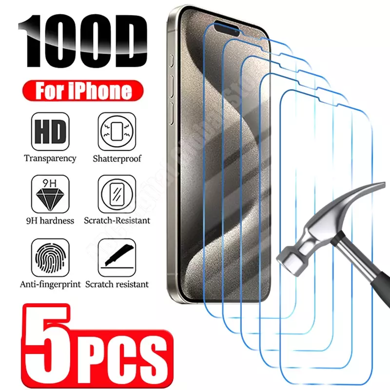 5PCS Tempered Glass for iPhone 15 14 13 12 11 Pro Max Mini Screen Protector for iPhone 15 14 Plus 7 8 X XR XS Max SE 2020 2022