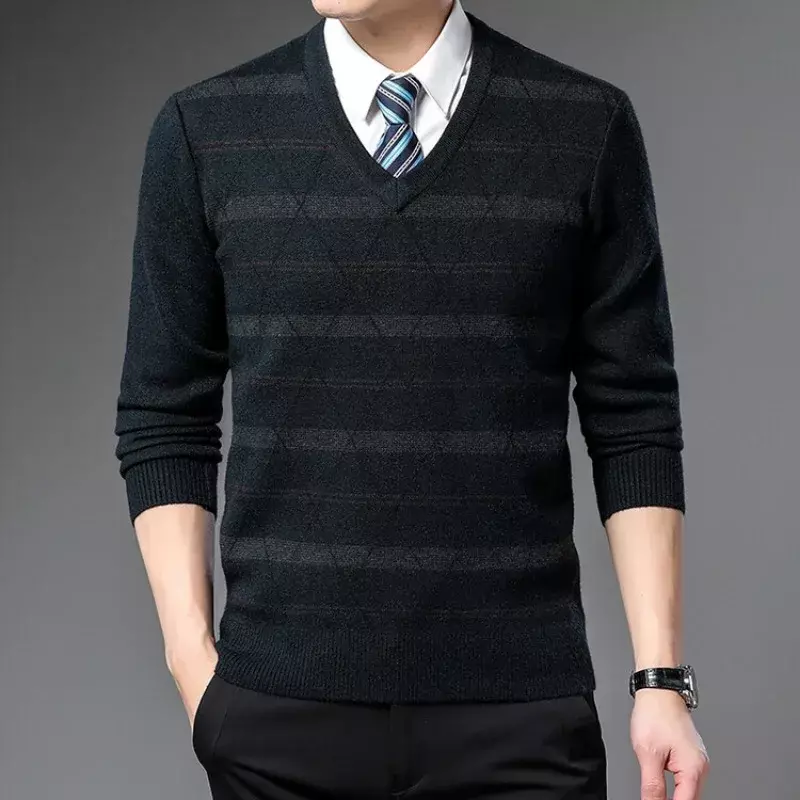 Suéter de punto con cuello en V para hombre, jersey de manga larga, informal, cálido, a la moda, novedad de 2023
