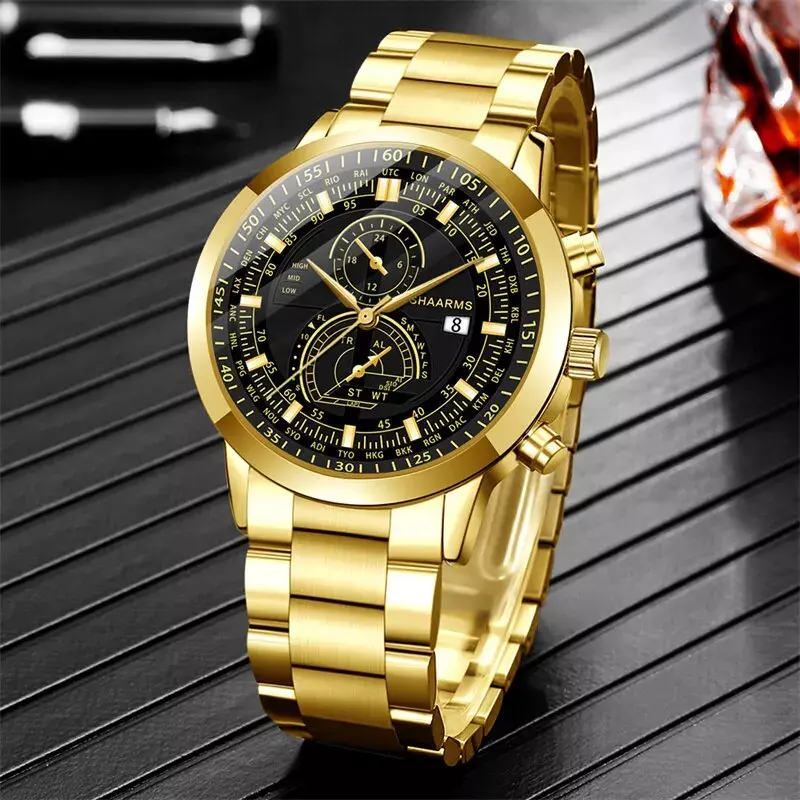 2pcs NEW Fashion Mens Stainless Steel Watches Luxury Quartz Wristwatch Calendar Luminous Clock Men Business Casual Watch