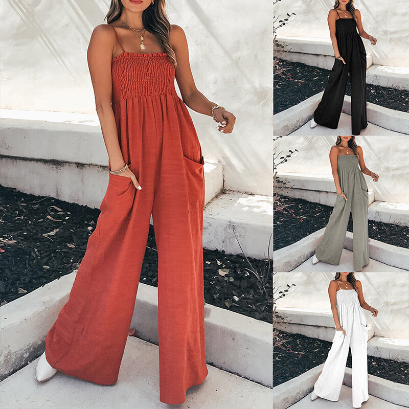 Women Jumpsuits Pullover Rompers High Waist Backless Jumpsuit Chest Wrapping Casual Pockets Spliced Wide Leg Pants One Piece