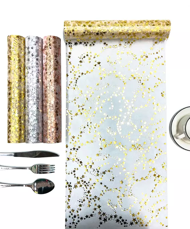 Star Table Runner Glitter Tulle Roll Metal Foil Mesh Roll Wedding Party Table Decoration Gift Floral  Package 28 Cm X 10 Yards