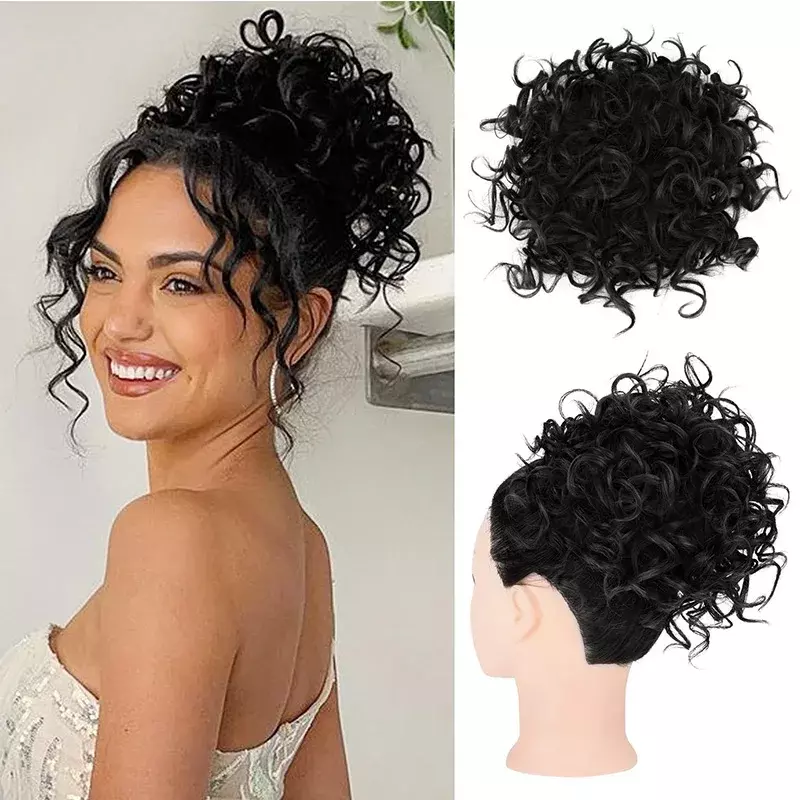 Synthetic Messy Bun Chignon Extensions Short Wave Curly Elastic Drawstrin Hair Buns Ponytail 10 Inch Puffy Curly False Hairpiece