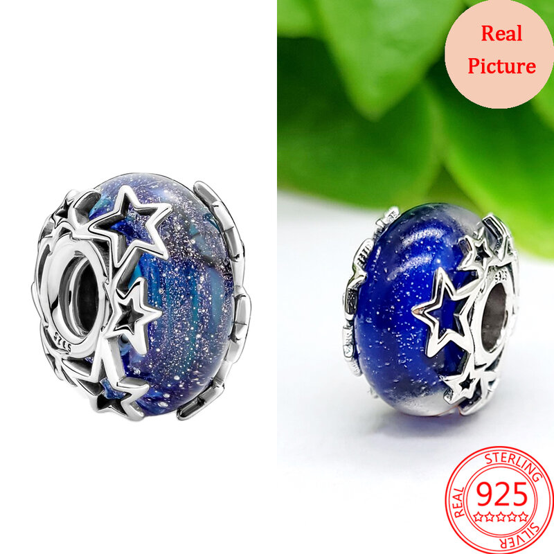 Hot Sale Real 925 Sterling Silver Blue Celestial Shooting Star Heart Double Dangle Charm fit Original Pandora Bracelet Jewelry