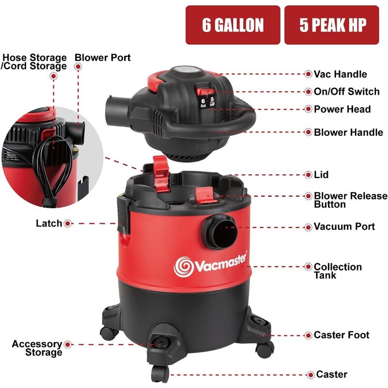 VBVB611PF 1101 6 Gallon 5 Peak HP Wet Dry Shop Vacuum 1-1/4 Inch Hose Powerful Suction with Detachable Blower