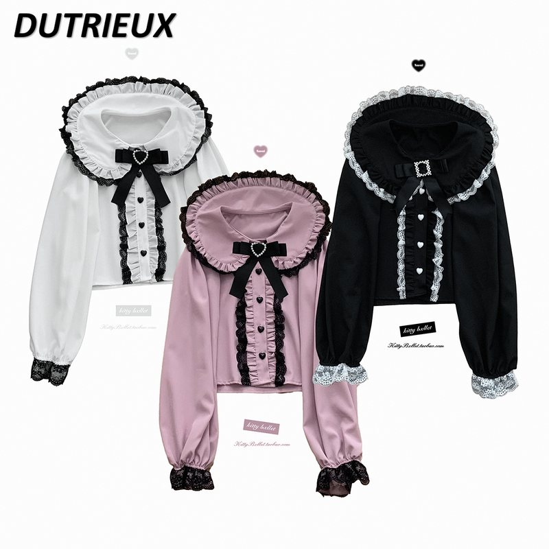 Japanese Style Lace Doll Collar Shirt 2024 New Women's Tops Spring Autumn Casual Nlouse Female Sweet Cute Long Sleeve Top