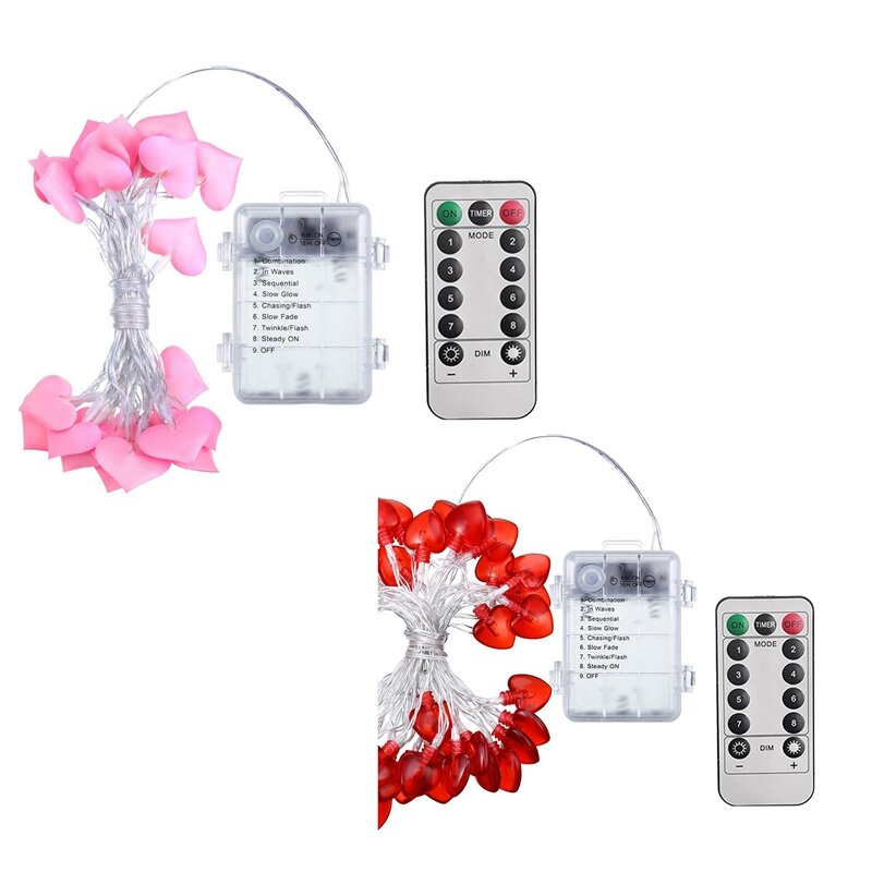 Lampu String berbentuk hati Hari Valentine LED 40, lampu senar 8 Mode bertenaga baterai merah muda 3D