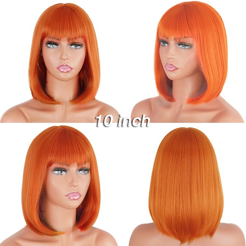180d laranja loira curto corte em linha reta bob perucas com franja cabelo humano brasileiro em linha reta perucas de cabelo humano completo máquina feita remy