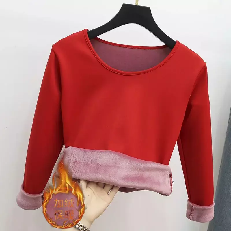 Winter Dames Warme Tops Effen Pluche Thermisch Ondergoed Dik Lange Mouwen Pullover Shirts Slank Fleece Gevoerde Onderkant