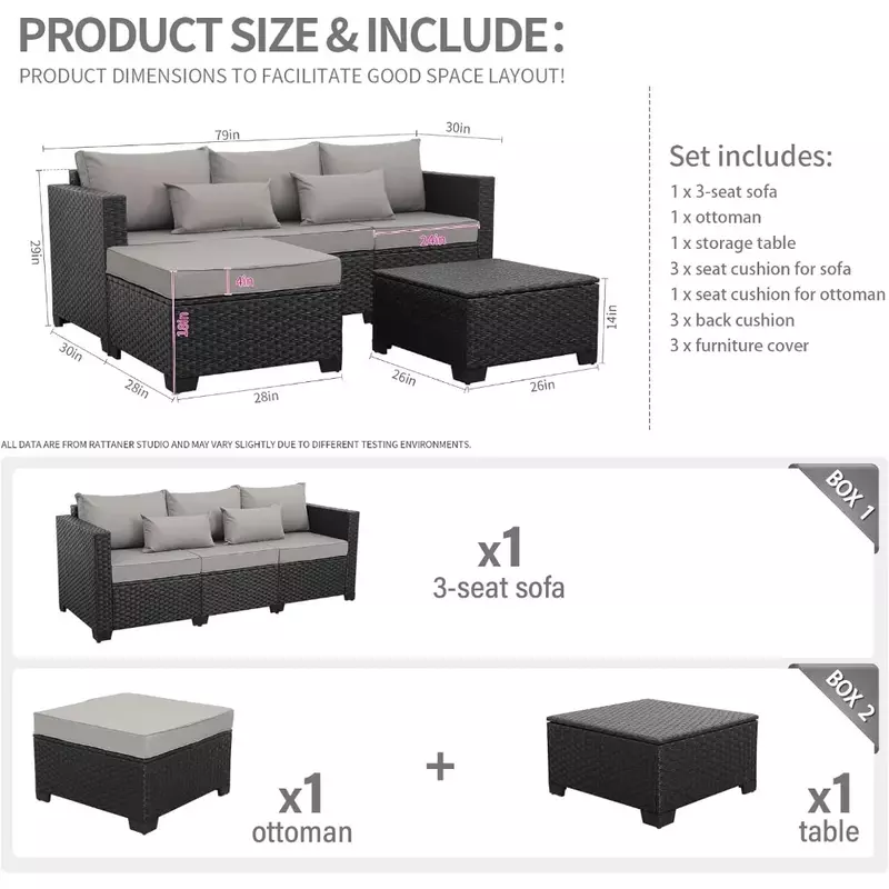 Outdoor Patio Furniture 3 Piec Set, Outdoor Sectional Wicker Patio Furniture set with Outdoor Storage Table & Ottoman