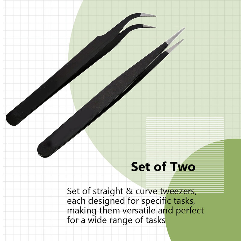 2Pcs Stainless Steel Curved Straight Black Tweezer Set, Nail Art Rhinestones Beads Nipper Picking Tool